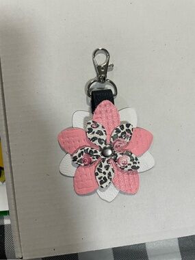 Pink, White, and Animal Print Floral Leather charm for Purse or Keychain